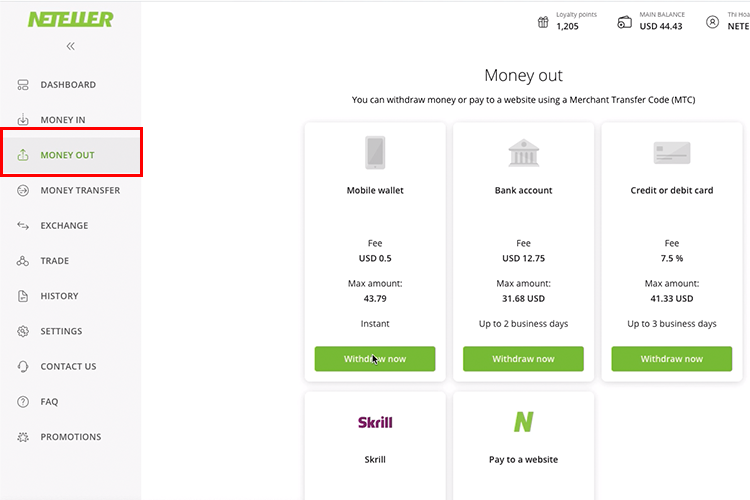 Giao diện rút tiền của ví điện tử Neteller 