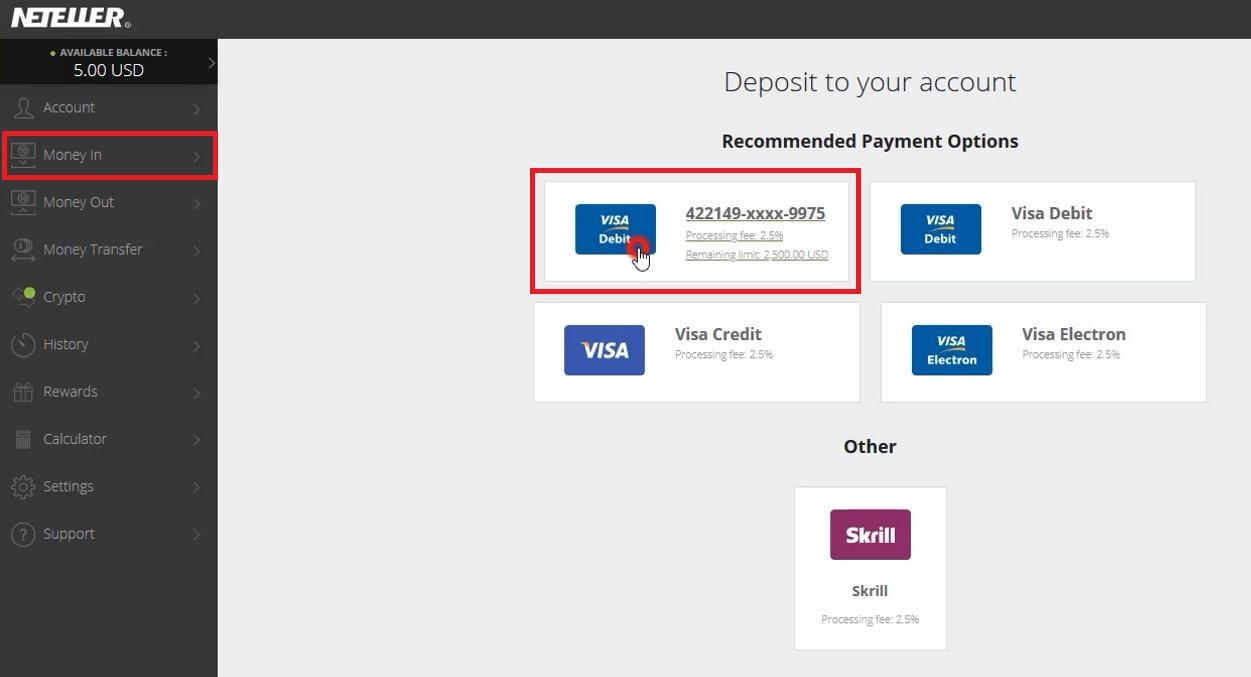 Nạp tiền vào ví Neteller qua thẻ Visa