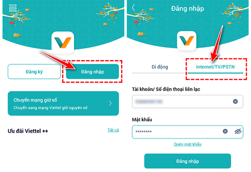 cập vào ứng dụng My Viettel -> Chọn mục Đăng nhập -> Chọn thẻ Internet/TV/PSTN