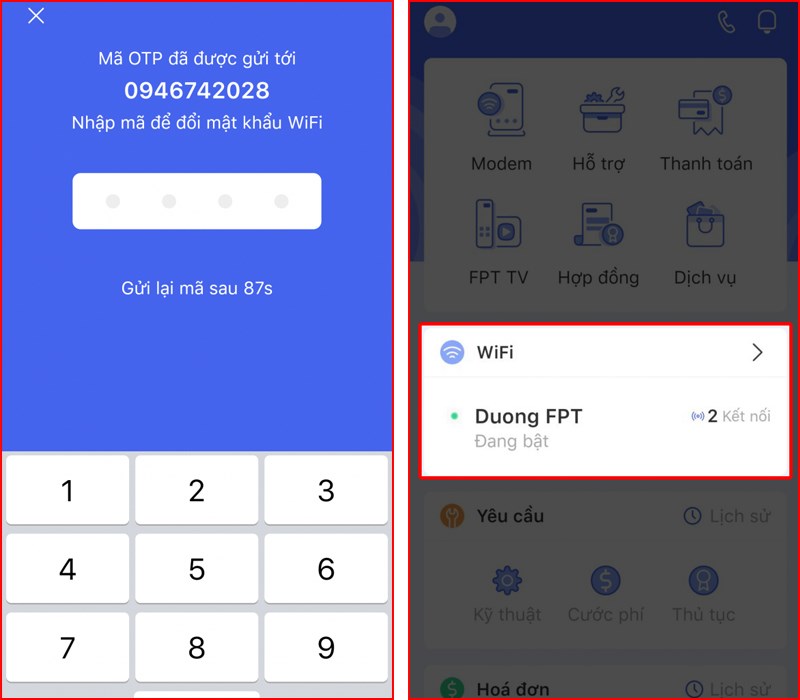 Mở mục Wifi để dổi mật khẩu wifi FPT