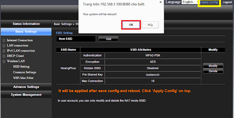  Chọn Apply Config