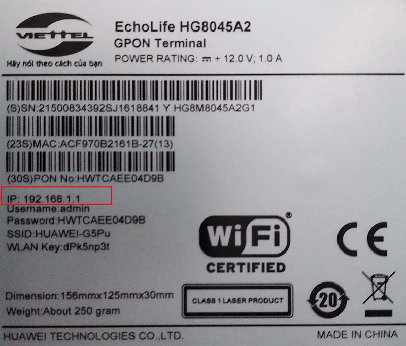 Địa chỉ viettel 192.168.1.1