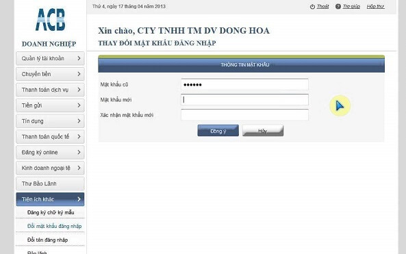 đổi mật khẩu acb online