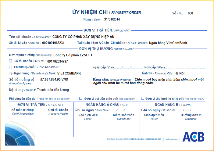 Mẫu giấy ủy nhiệm chi ngân hàng ACB uy nhiem chi acb