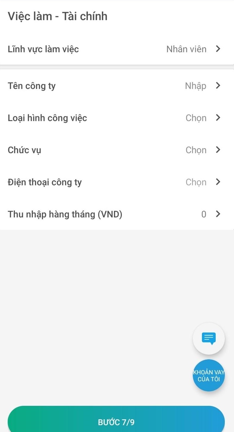 Điền thông tin việc làm vay tiền Oncredit