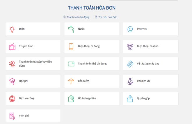 Trên giao diện màn hình, bạn chọn dịch vụ cần thanh toán chon dich vu can thanh toan