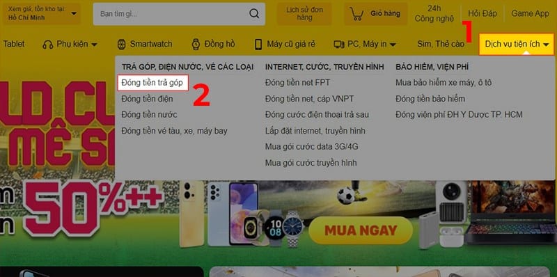 Nhấn chọn "Đóng tiền trả góp" trong mục "Dịch vụ tiện ích"