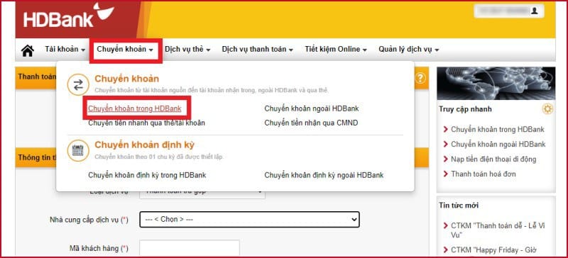 Tại mục "Chuyển khoản", bạn chọn "Chuyển khoản trong HDBank"