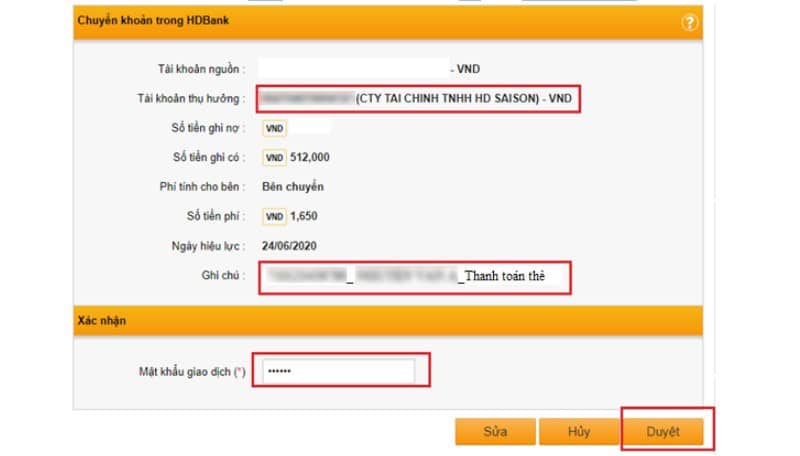 Nhập mã xác thực OTP và nhấn "Duyệt" để xác nhận thanh toán