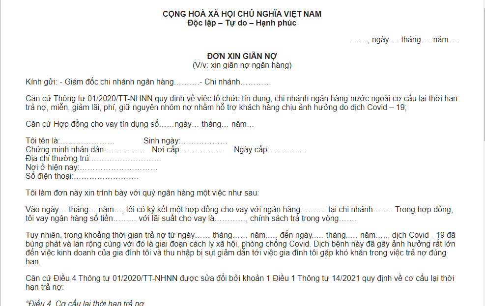 Mẫu đơn xin gia hạn, xin khất nợ Fe Credit