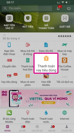Tại màn hình chính chọn "Thánh toán vay tiêu đùng"