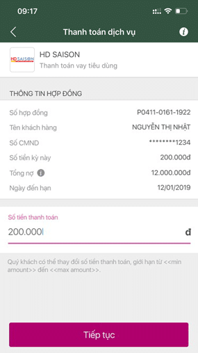 Kiểm tra thông tin thanh toán và nhập số tiền cần thanh toán