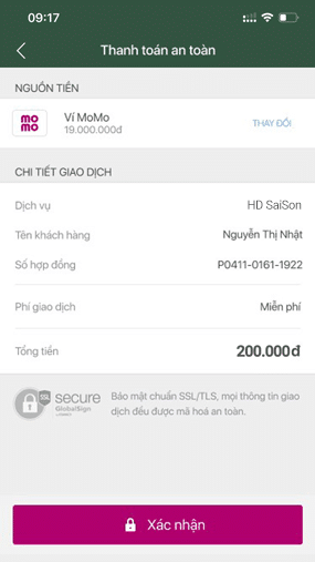 Xác nhận lại một lần nữa bạn đã nhập đúng số tiền thanh toán hay chưa