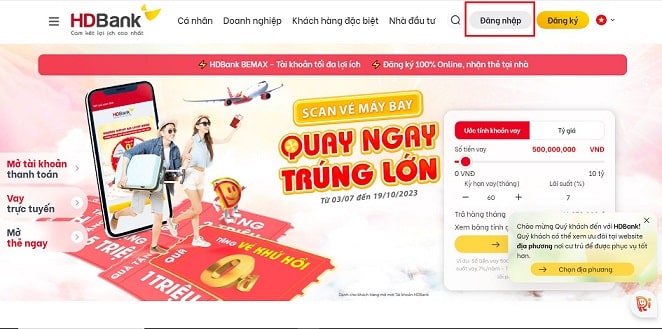 Tại trang chủ của HD Bank, bạn nhấn vào "Đăng nhập"