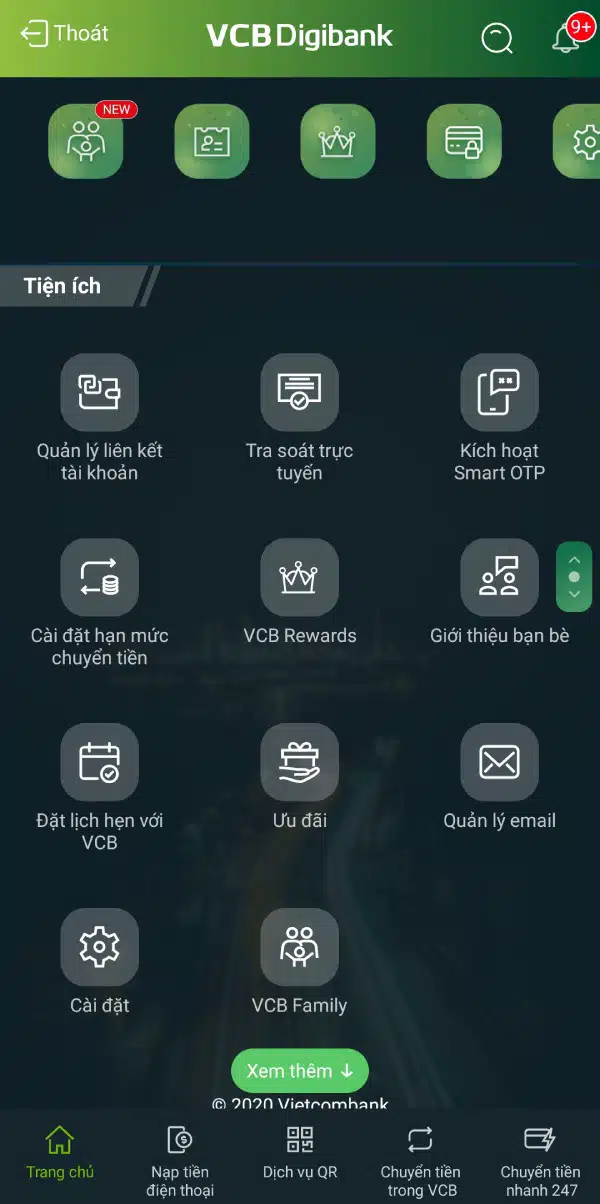 Bạn hãy tìm và nhấn vào mục "tiện ích" trên ứng dụng VCB Digibank