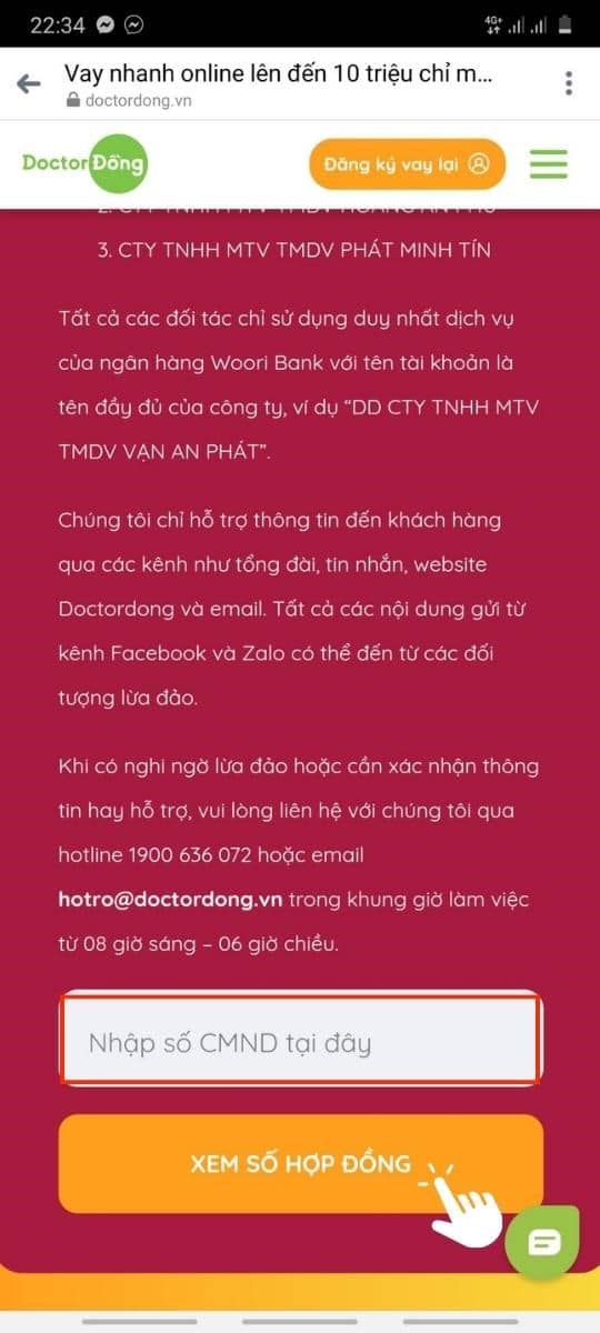 Sau khi vào website, bạn hãy nhập số CMND/CCCD của mình và nhán "Xem Số Hợp Đồng"