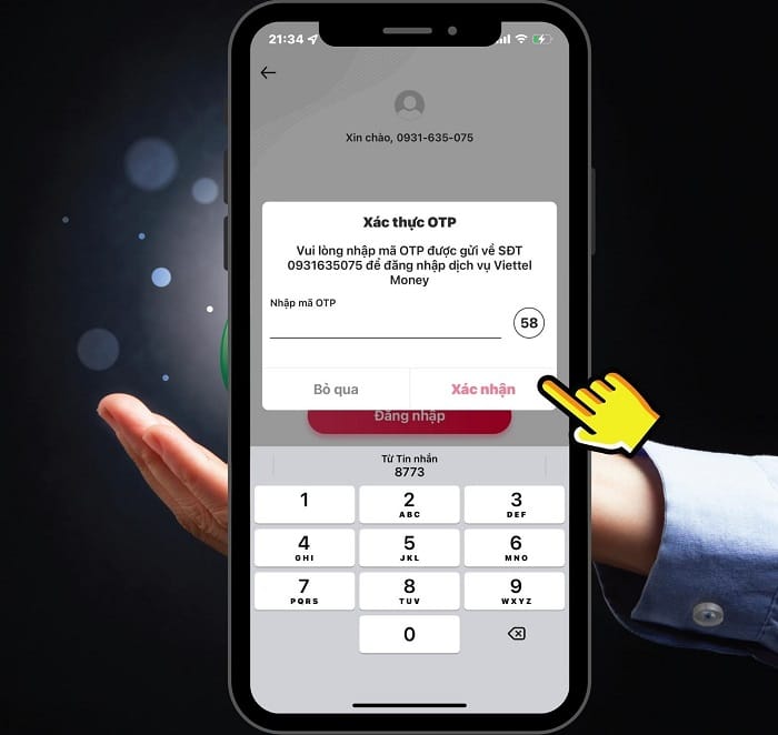 Nhập mã xác thực OTP được gửi về số diện thoại đăng ký