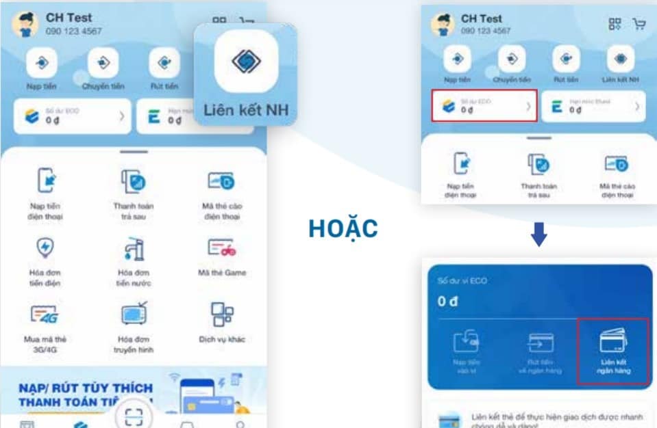 Bước 1: Đăng nhập vào tài khoản ví Eco và chọn "Liên kết ngân hàng".