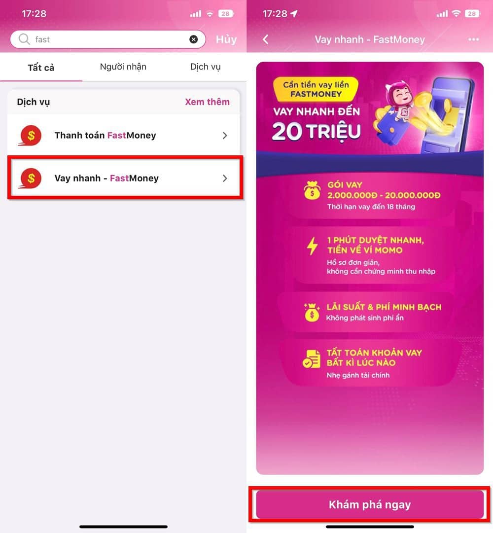 Tìm dịch vụ "Vay nhanh - FastMoney" để đăng ký vay tiền