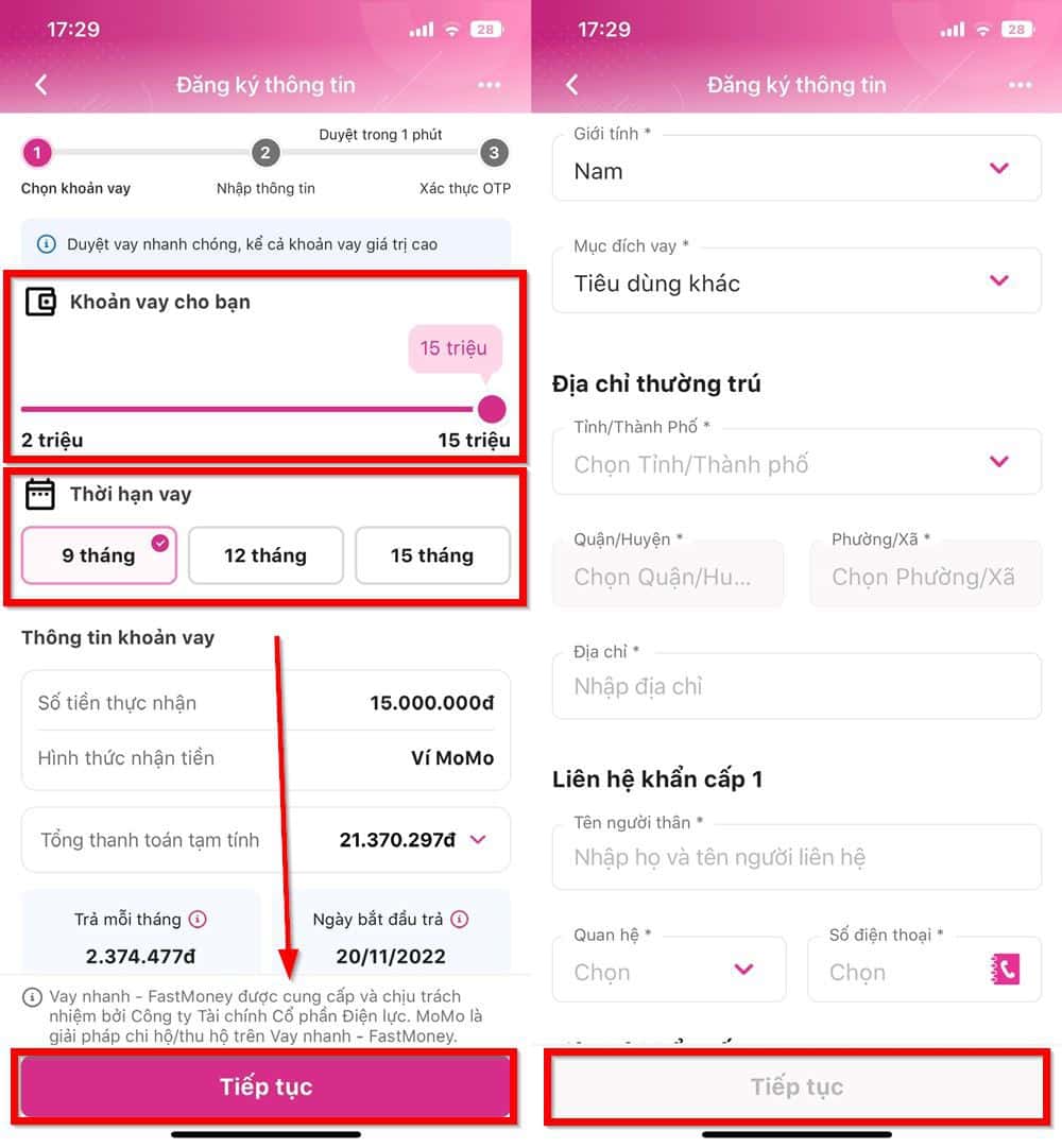Các bước vay tiền trên MoMo bằng FastMoney 2