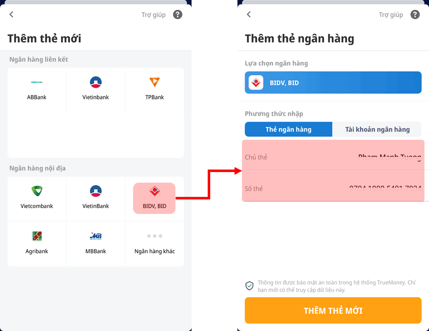 Bạn có 2 lựa chọn nhập thông tin "Thẻ ngân hàng" hoặc "Tài khoản ngân hàng"