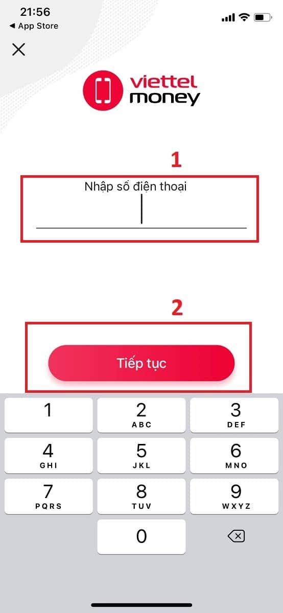 Nhập số điện thoại mà bạn đang sử dngj và nhấn "Tiếp tục"