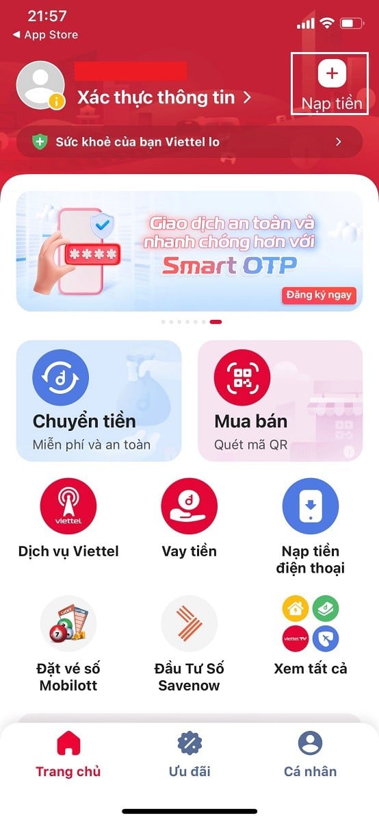 Nhấn vào biểu tượng nạp tiền ở góc phải phía trên màn hình