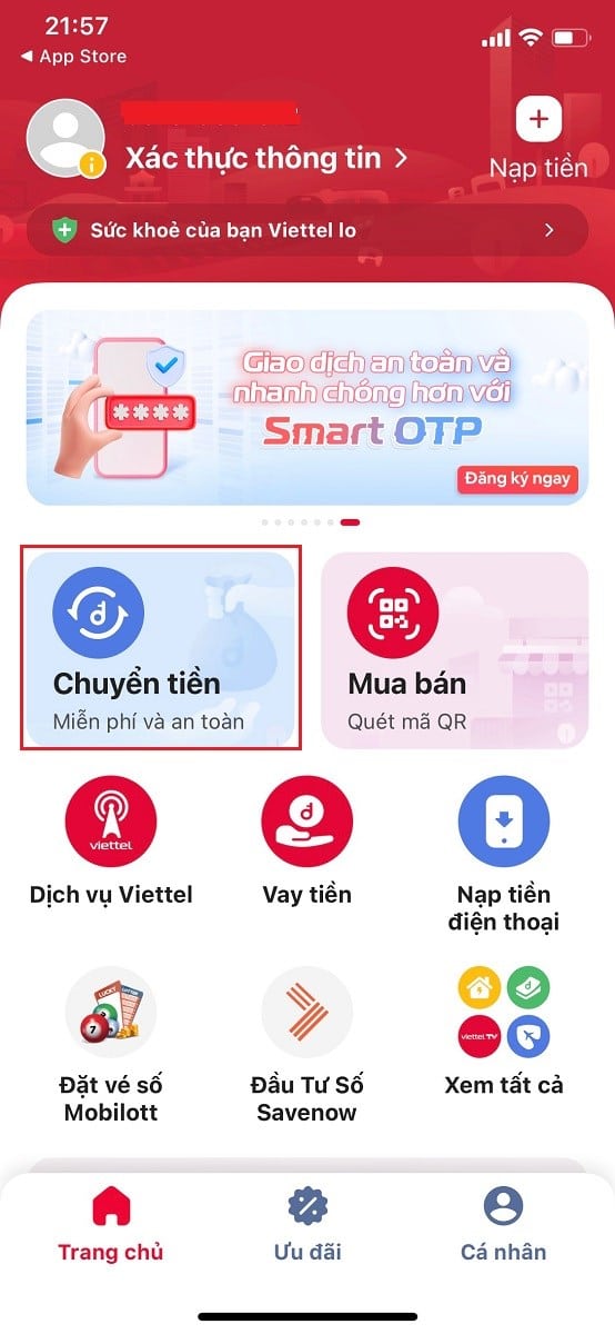 Tại giao diện chính, nhán vào "Chyến tiền"