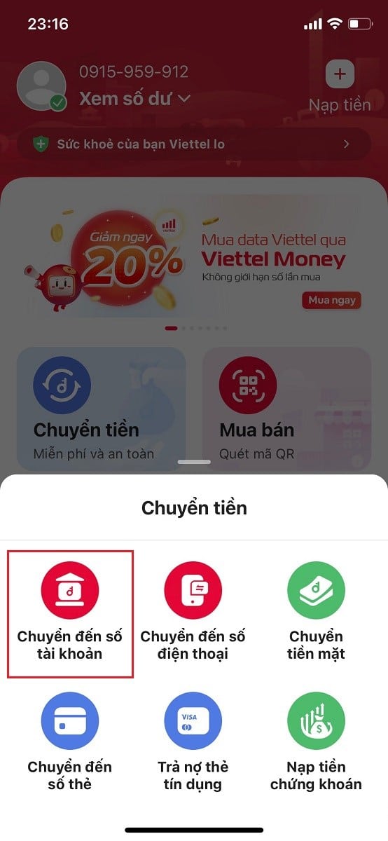 Tiếp đến nhấn vào mục "Chuyển đến số tài khoản"