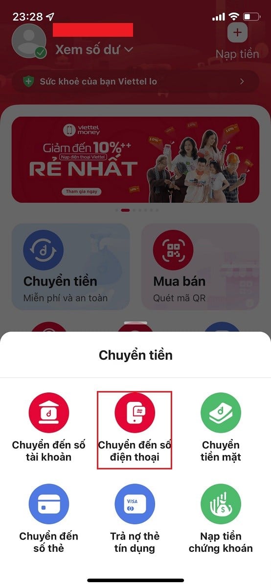 Ở mục "Chuyển tiền", bạn nhấn vào "Chuyển đến số điện thoại"