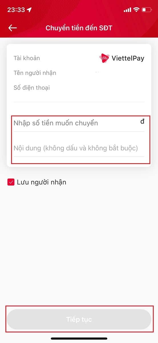 Nhập các thông tin theo mẫu có sẵn rồi nhấn " Tiếp tục"