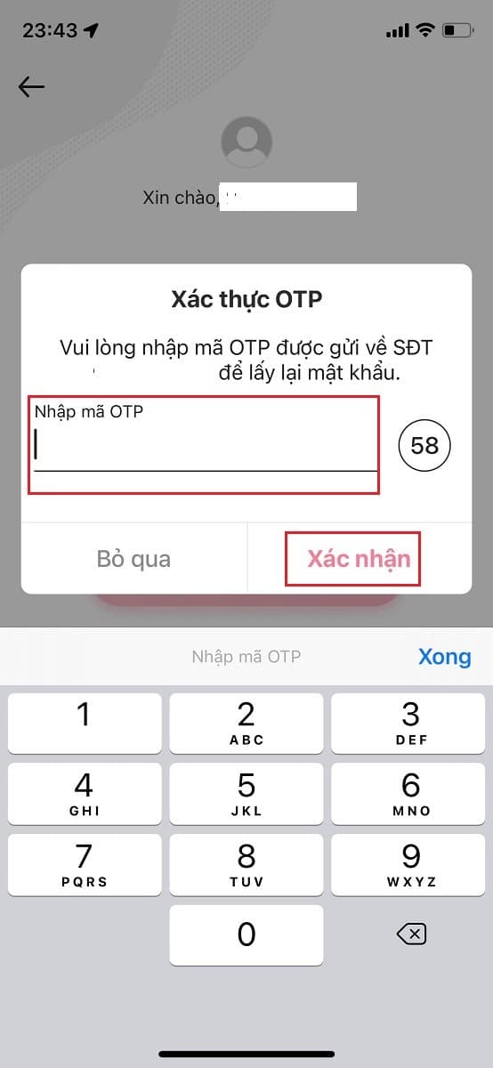 Điền mã xác thực OTP