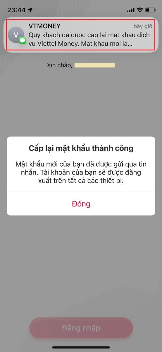Hệ thống sẽ gửi cho bạn một tin nhắn SMS có chứa mật khẩu mới