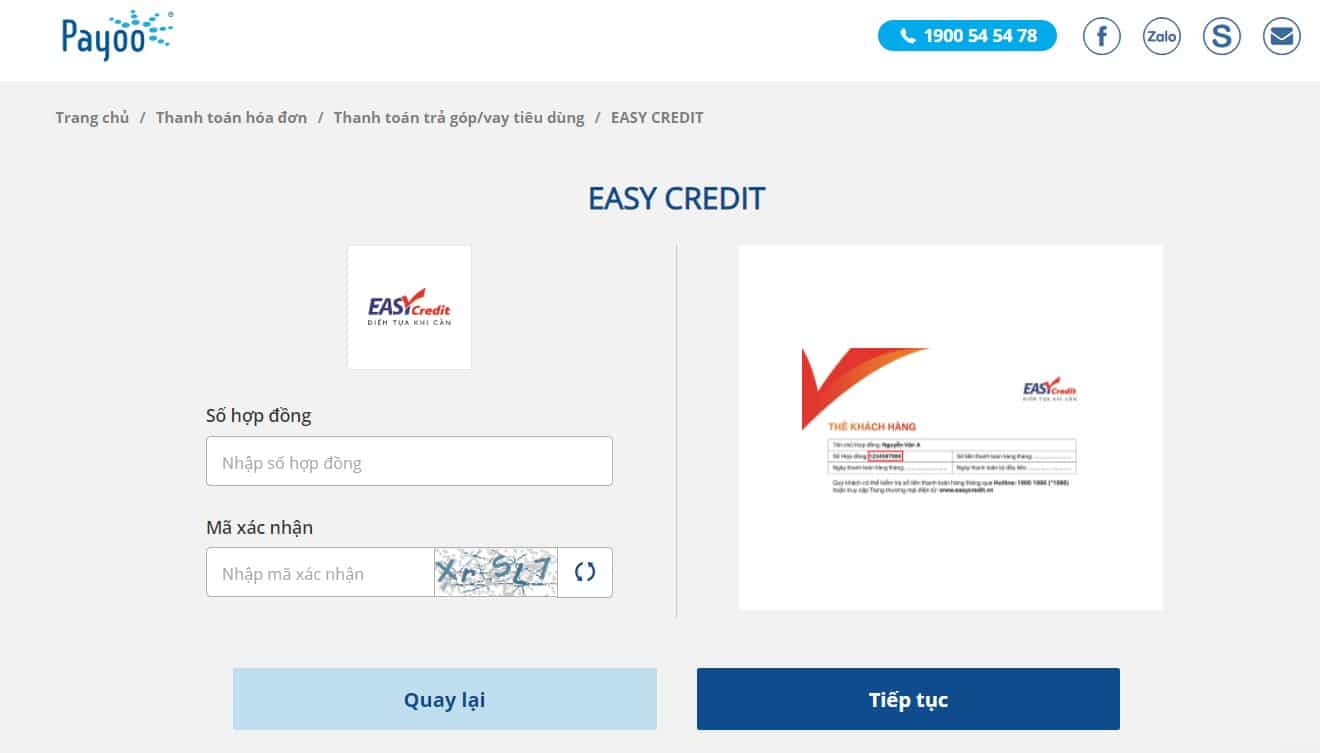 Kiểm tra hợp đồng trả góp Easy Credit qua Payoo